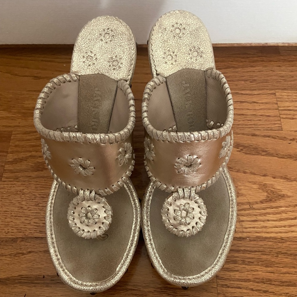 Jack Rogers Marbella Gold Leather Wooden Platform Wedge Sandals